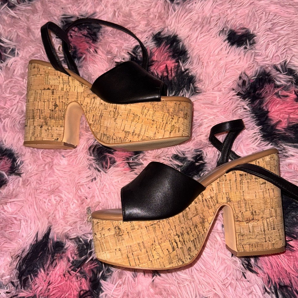 Black Platform Sandals with Cork Heel